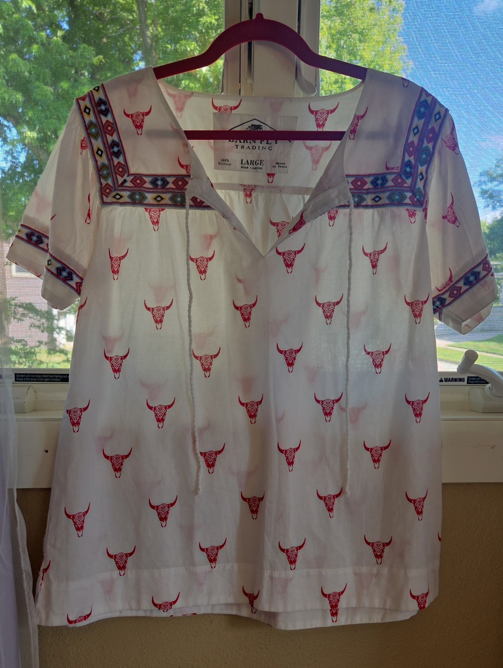 Barn Fly Trading Co Vintage Bull Skull Embroidered Western Blouse L